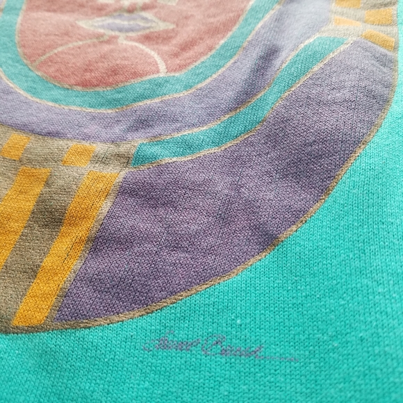 Vintage 90s Hanes Teal Crewneck Art Sweater Medium - Picture 4 of 7